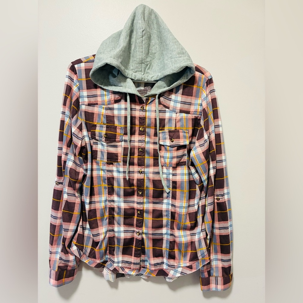 Daytrip Plaid Hooded Shirt Jacket in Pink, Gray, Brown